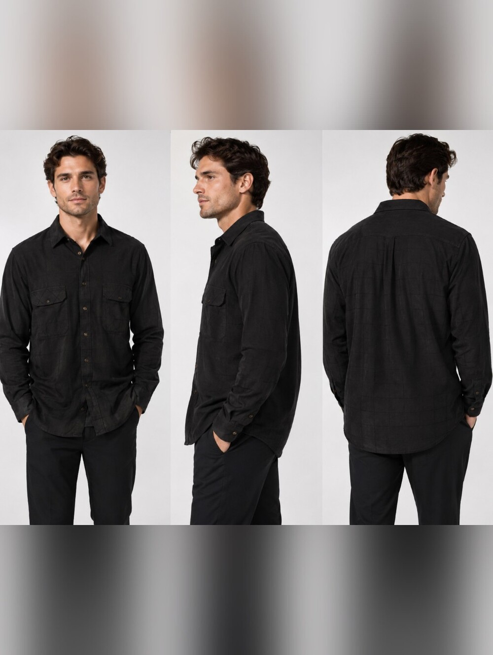 🫛George Sueded Men's Button-Front Shirt – Black Windowpane Plaid – Size Medium